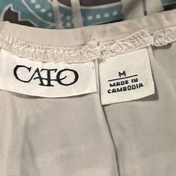 CATO. Stretch Tunic. Size Medium. Border Print. Scoop Tie Neck. Elastic. B40 - Picture 5 of 6